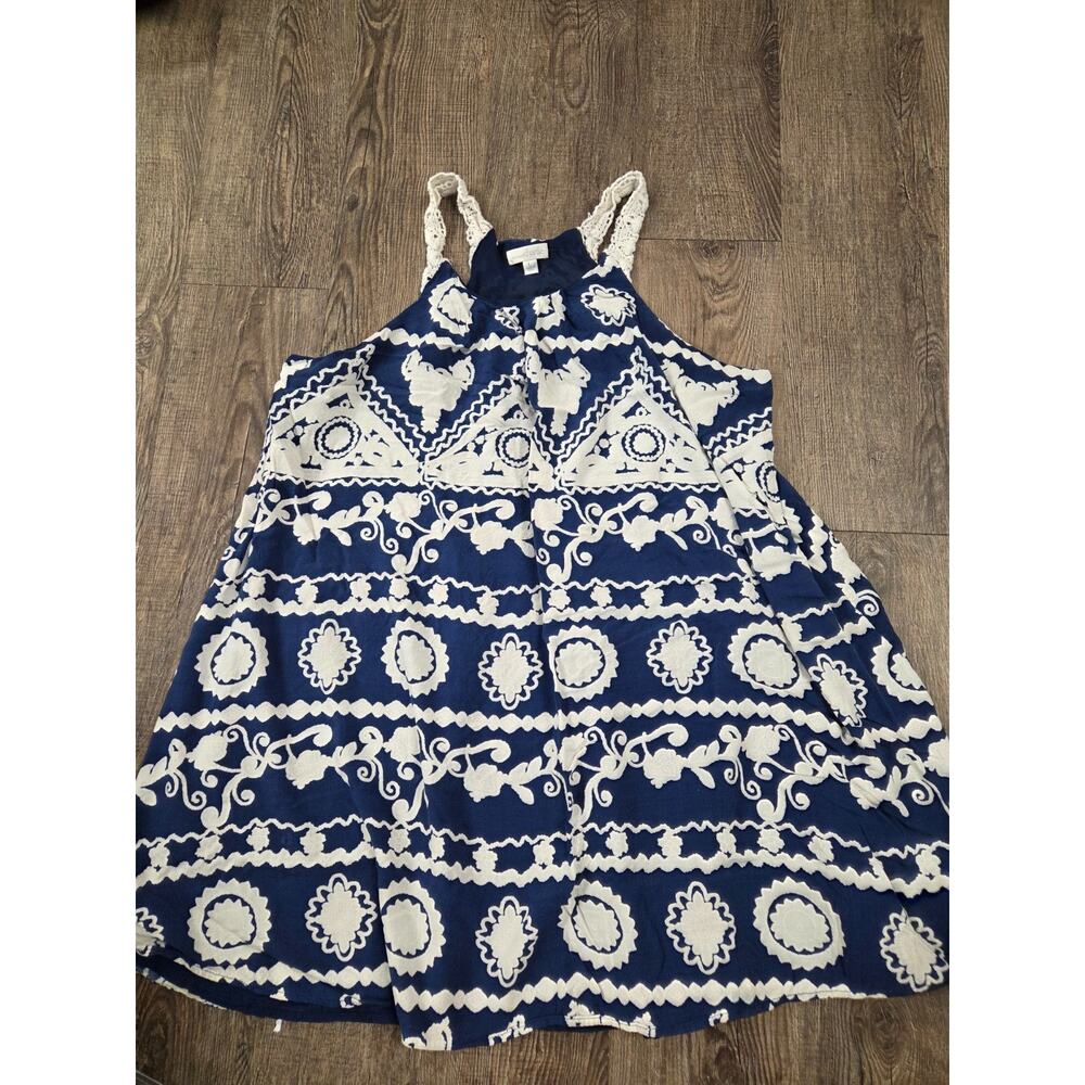 Charming Charlie Women's Dress Large Navy Blue White Lace Straps Floral